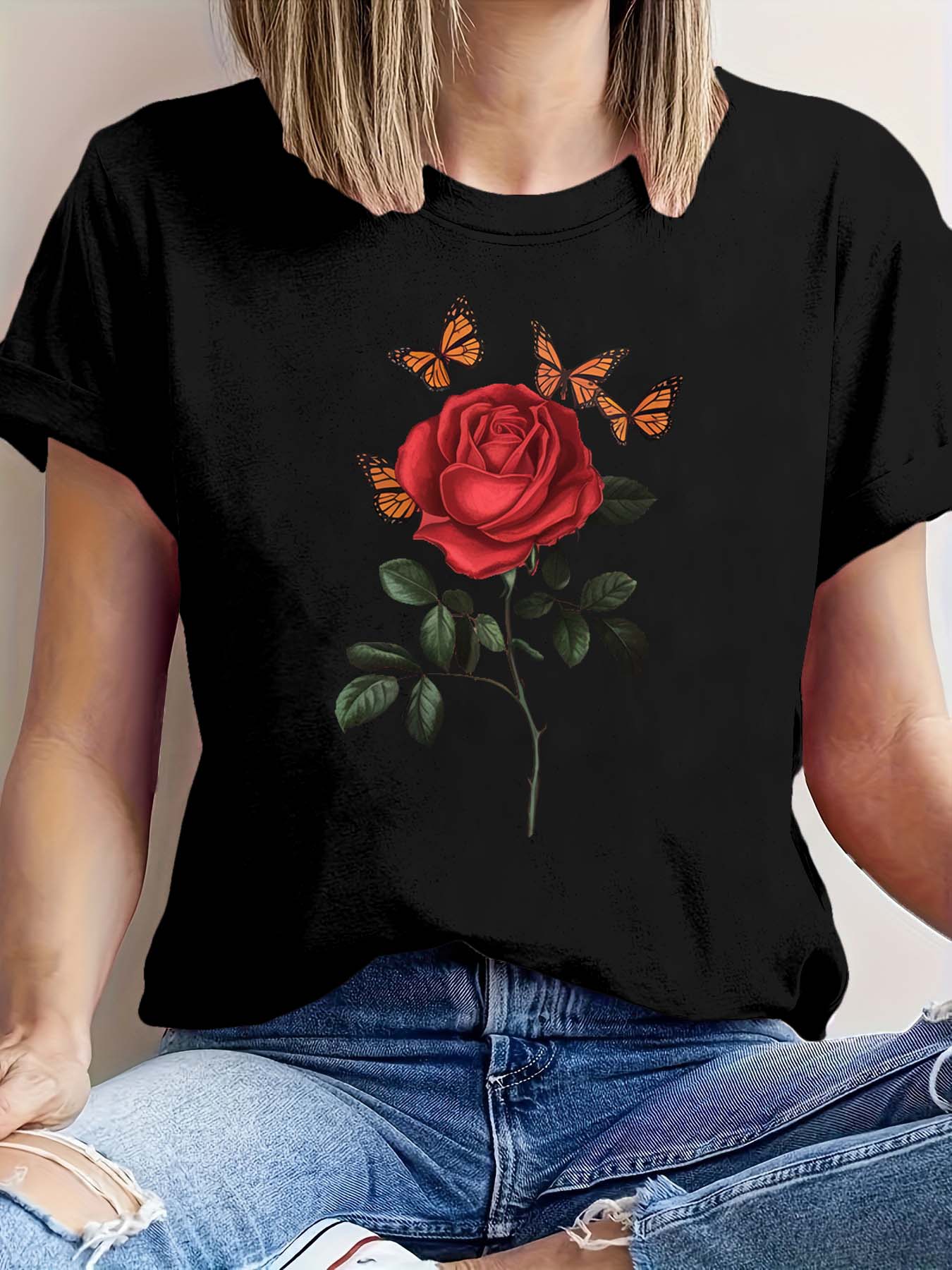 

Fashionable elegant T-shirt with artistic graphic of roses and butterflies plus size for aUnisextes of the romantic style S