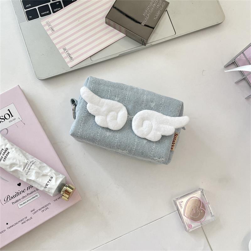 

Sweet Angel Wing Star Women S Denim Cosmetic Bag Coin Purse Headphone Bag Large Capacity Travel Small Item Storage Bag Girl Gift