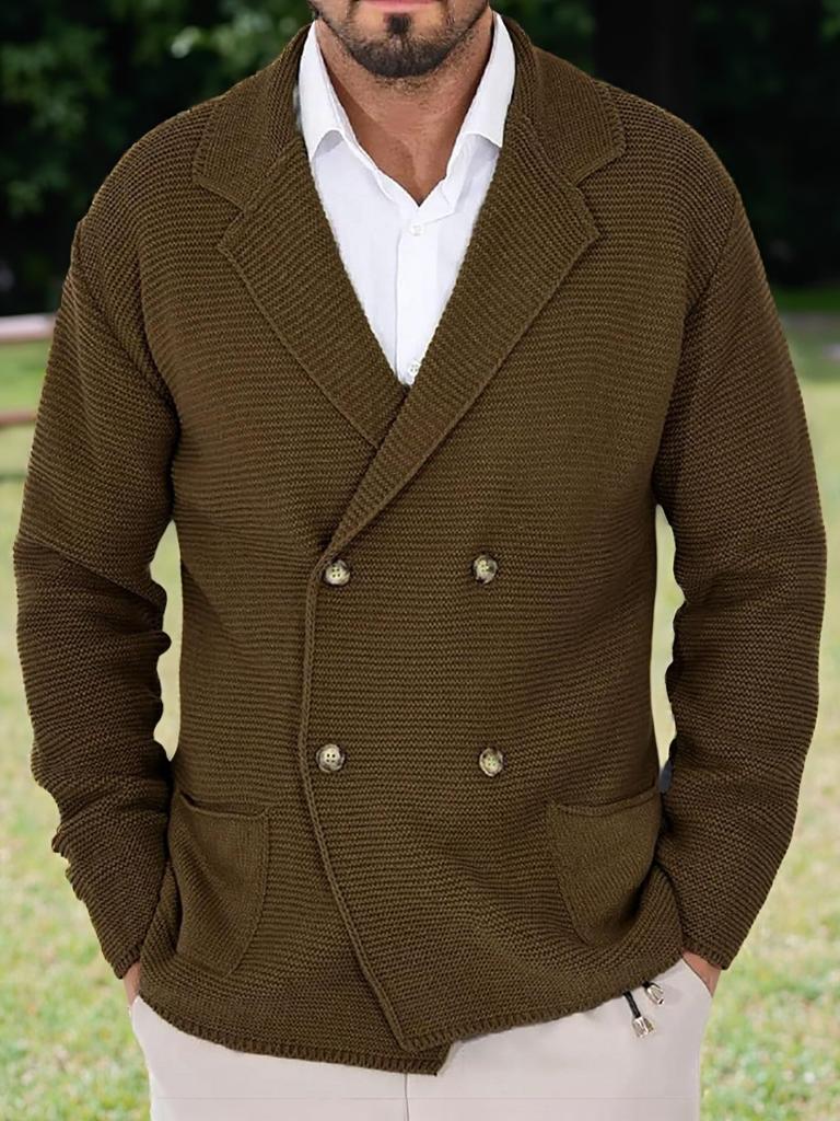 Men's Outdoor Casual Loose-fitting Plain Knit Jacket With A Green Collar And Double-breasted Buttons