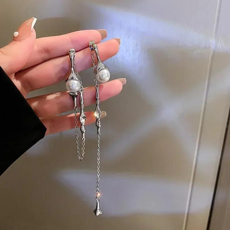 Summer Fashion Asymmetric Pearl Long Tassel Earrings for Women Korean Style A Two-wear Drop Chain Jewelry Accessories Gifts