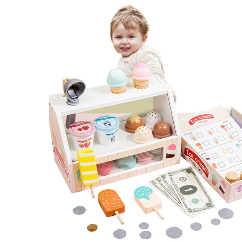 Wooden Ice Cream Shop Pretend Play Toy Set For Kids Mini Role Play Ice Cream Vending Machine With Sweet Cone Ice Cream Decorations