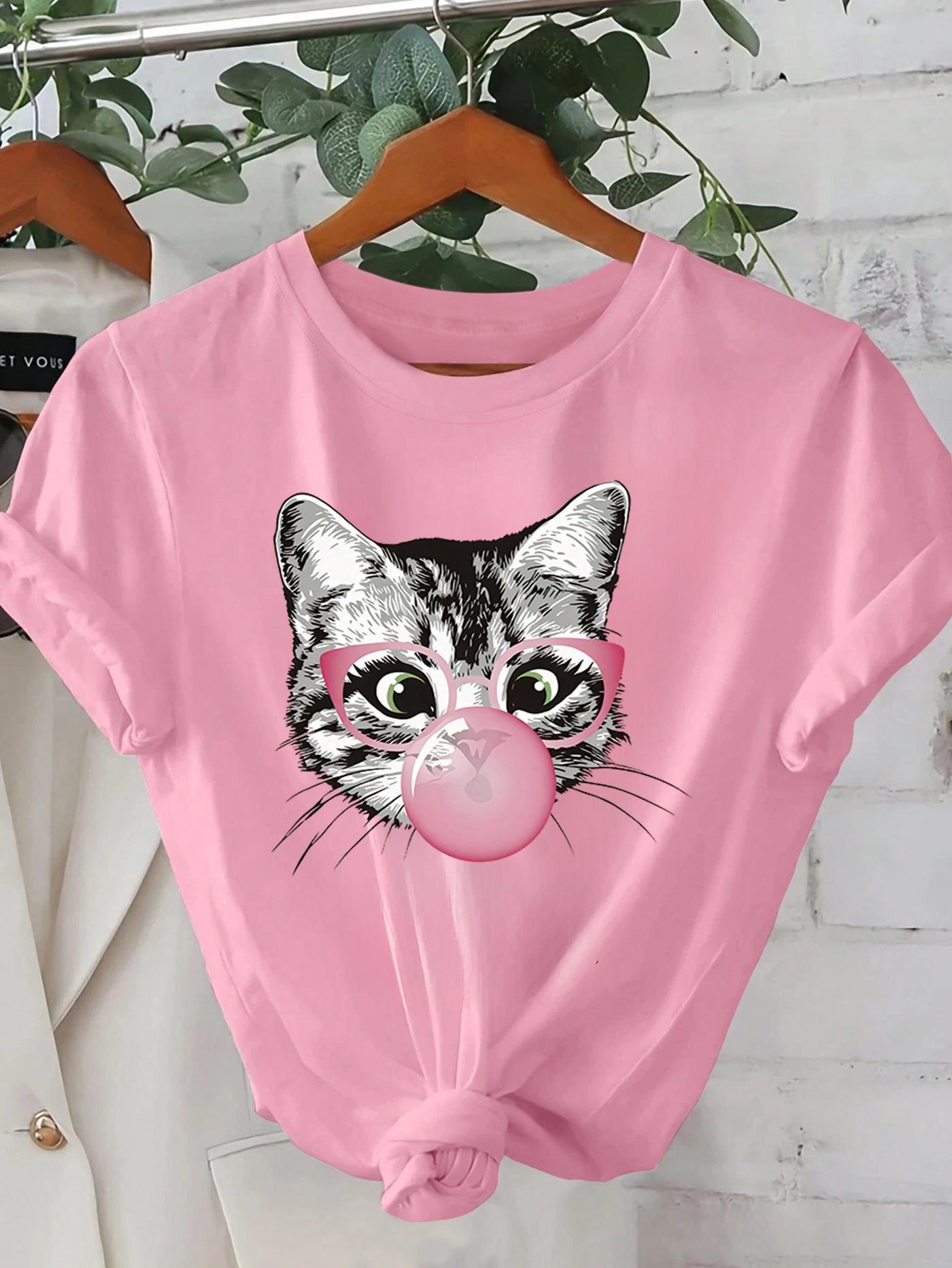 

Camiseta informal demanga corta con cuello redondo para mujerlindo gato que sopla chicle estampado gráfico estilo callejero para 4XL