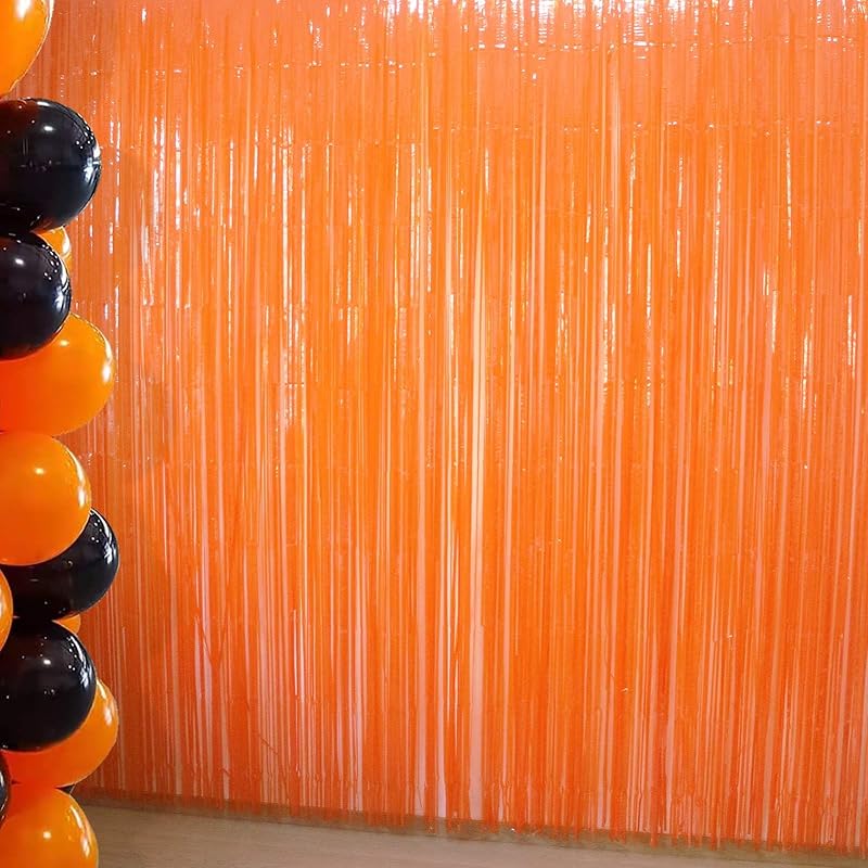 Foil Fringe Curtains-4 Pack of 3.2x8.2ft Orange Black Foil Fringe Curtains for Birthday Halloween Photo Backdrop Party Decorations, Orange and Black оранжевый