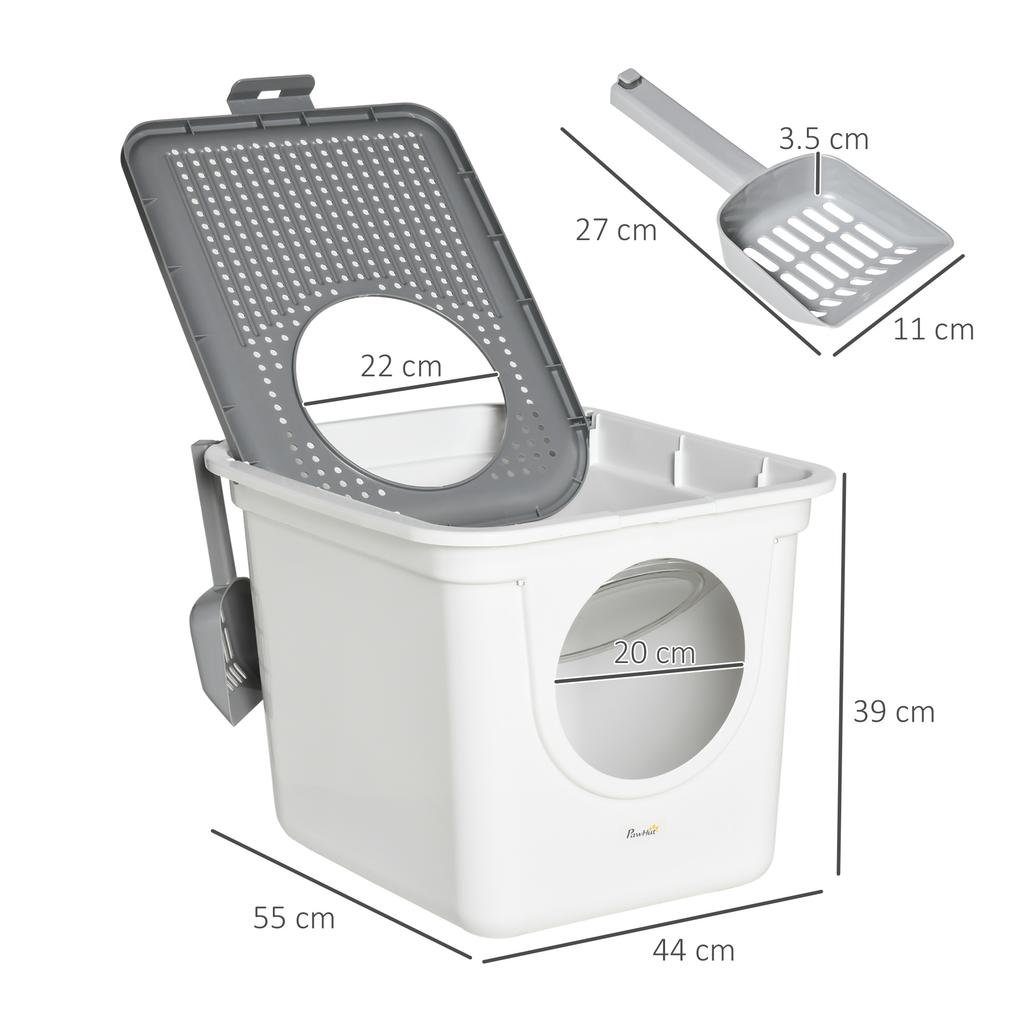 Enclosed Cat Litter Box with 2 Entrances, Tray and Scoop, Made of PE Plastic, 44x55x39 Cm, White