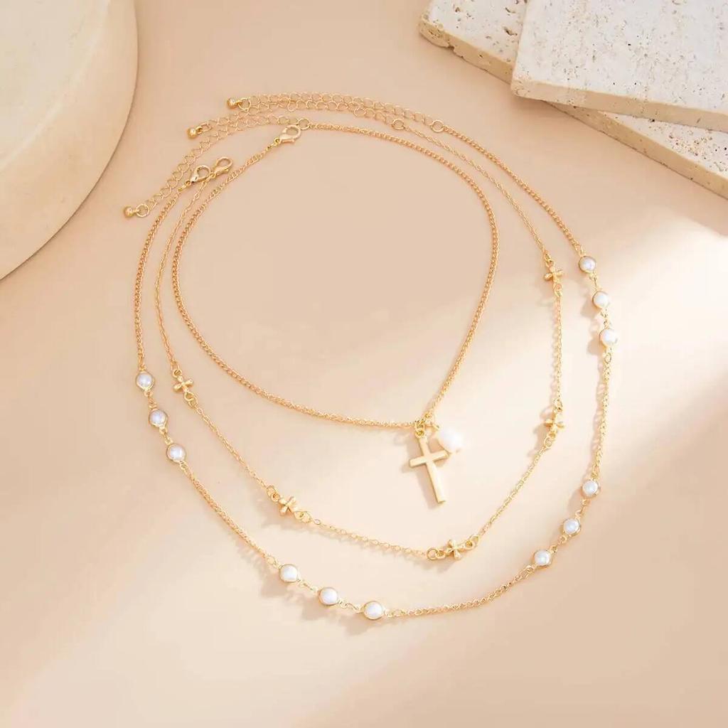 SHIXIN 3Pcs/Set Vintage Jesus Cross Pendant Necklace for Women Boho Trendy Multi-Layer Metal Imitation Pearl Choker Jewelry Gift