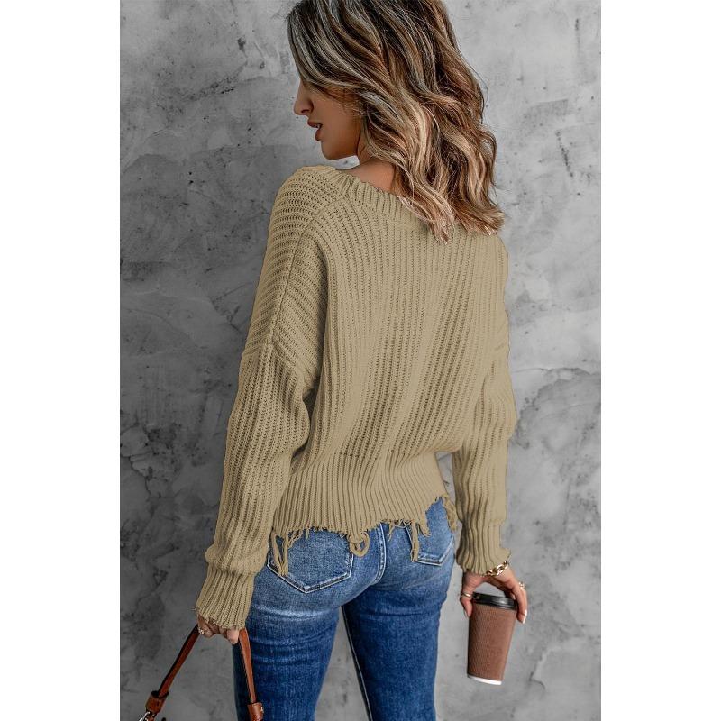 Autumn and Winter Fashion New Style Gray Cotton V-neck Long-sleeved Tassel Ripped Sweater, Casual Loose Blue Ladies Pullover Sweater  Top AL6101
