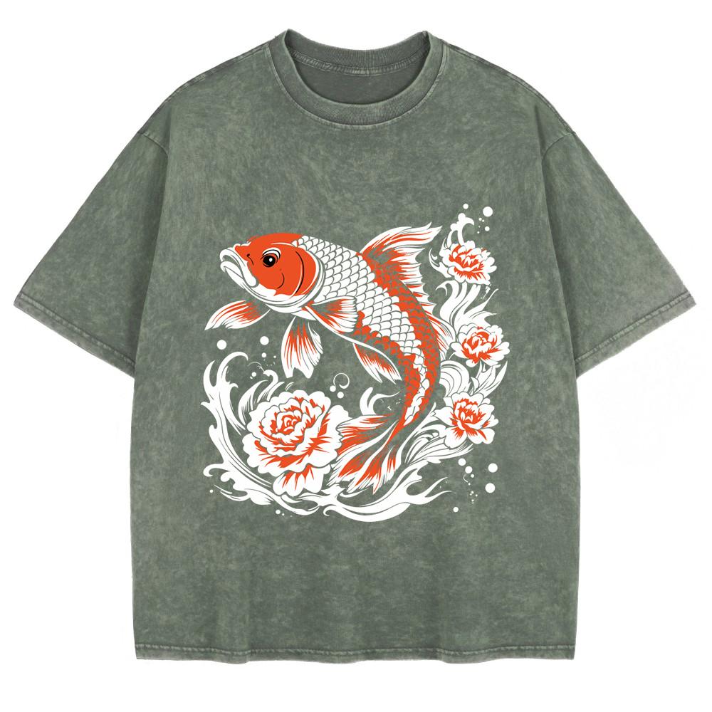 Japanese Koi Harajuku Printed Washed T-Shirts Mens Cotton Short Sleeve Tops Summer O-Neck Oversized T Shirt Clothes