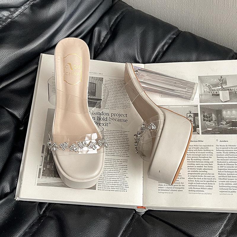 Rhinestone Word with Waterproof Table Transparent Sandals Women's Summer Wear 2025 Summer New Crystal Thick Heel Super High Heels