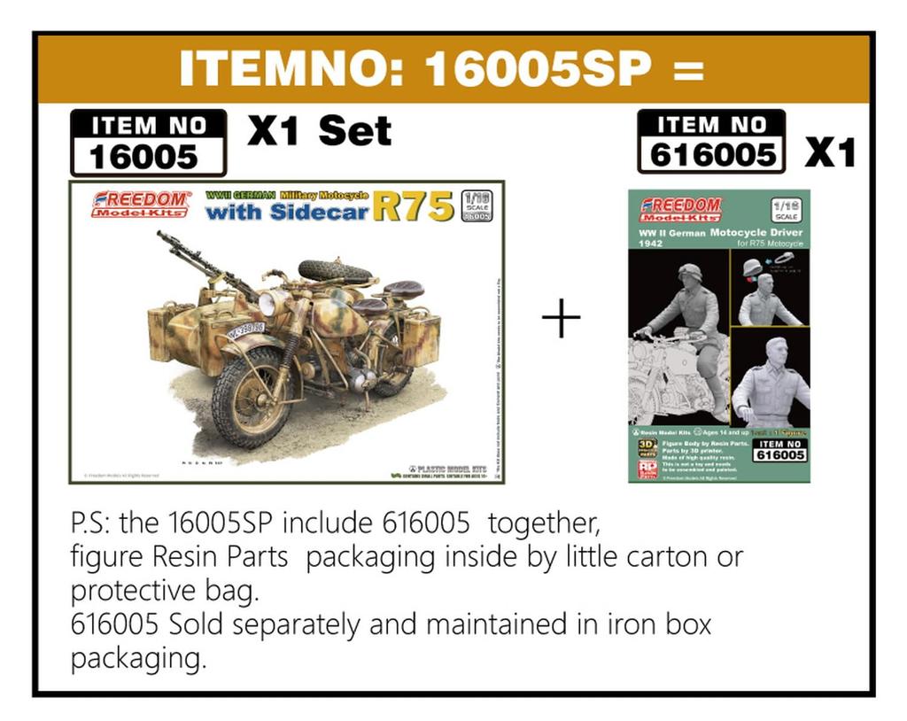 Freedom Model Kit 1/16 German R75 Motorcycle with Sidecar and Rider Figure, Plastic Model FRE16005SP