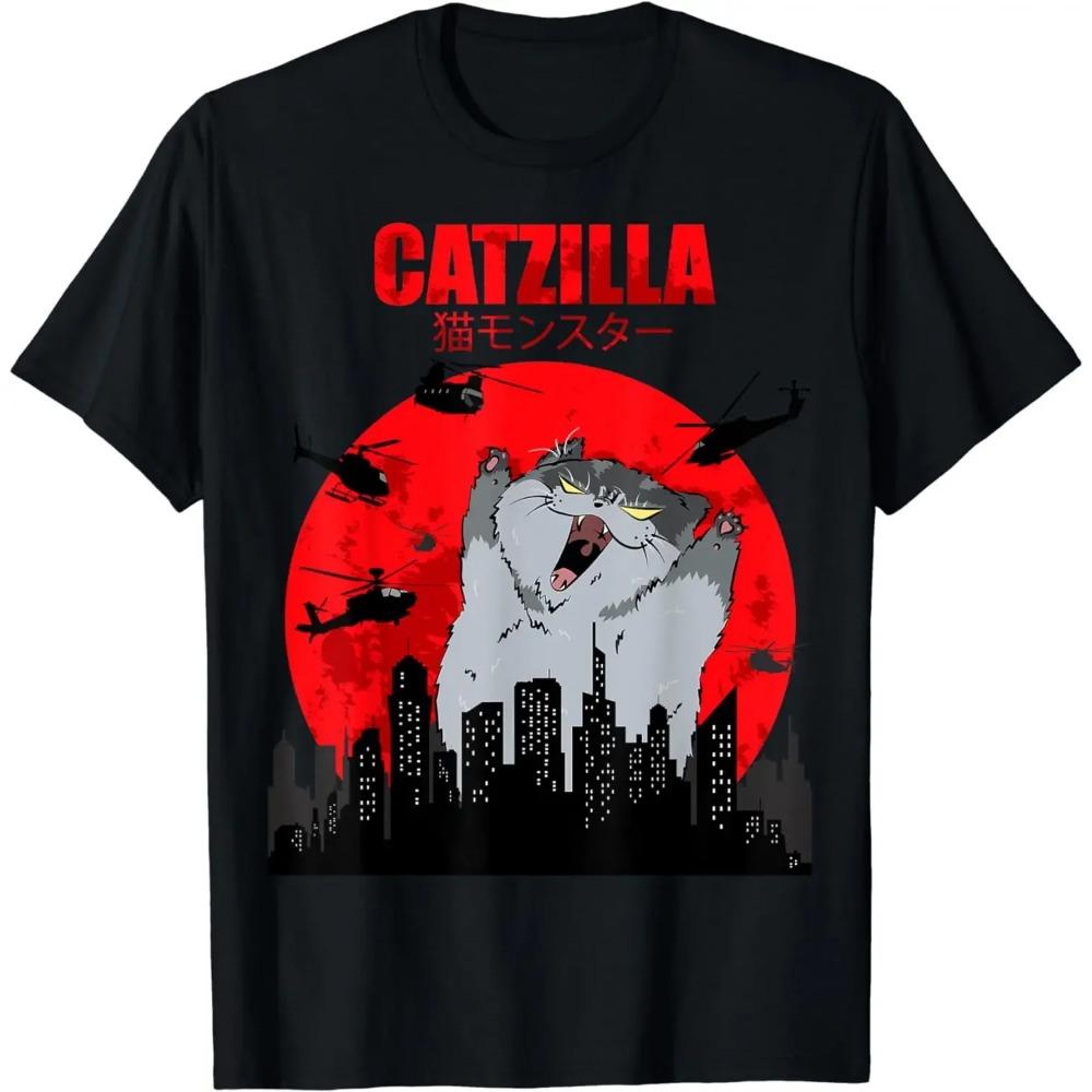 Rolig Söt Konst Japansk Katt Grafik för Kattälskare Catzilla T-Shirt Grafik T-Shirts Damkläder Mode