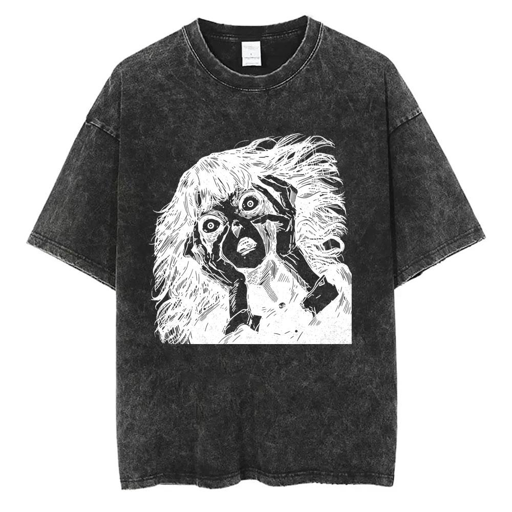 Unisex Washed Vintage Horror Anime Junji Ito Uzumaki Graphic T-shirt Men Women Manga Retro Oversized T Shirt Y2k Casual Cotton T-shirts