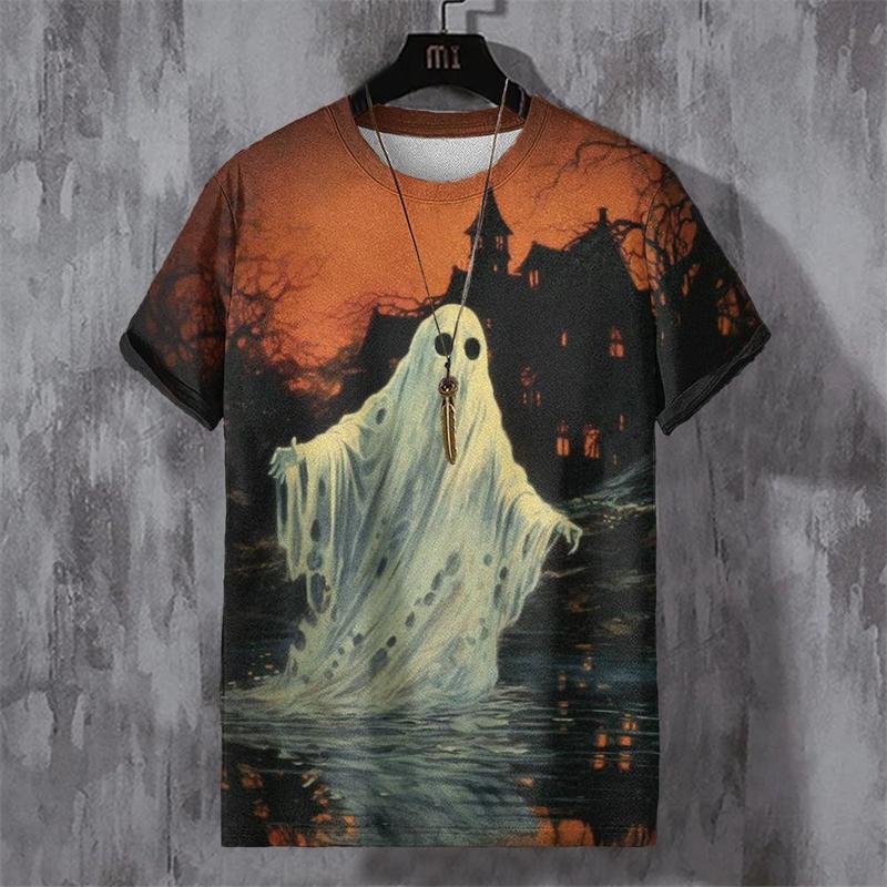Men's Halloween T-shirt 3D Printed Ghost Pattern T-shirt Casual Round Neck Short Sleeved T-shirt Oversized Y2K Men's Top