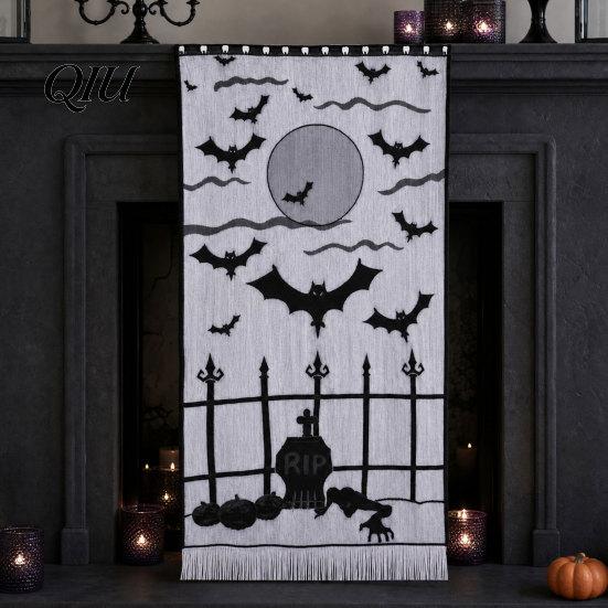 Sexy Halloween Table Cover Door Curtain, Lace Spider Web Fireplace Cover, Scary Skeleton Witch Party Set Bat Print Window Drapes for Home Indoor Decor