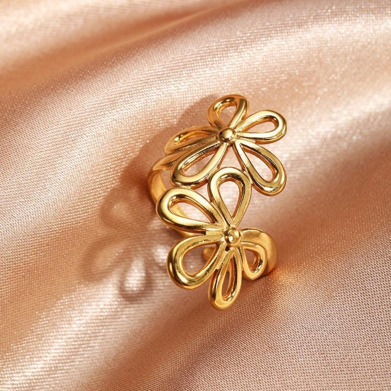 1-piece Gold Color Hollow Flower Stainless Steel Ring, Men s and Women s Fashionable Open-end Ring, Charming Zircon Gift resizable