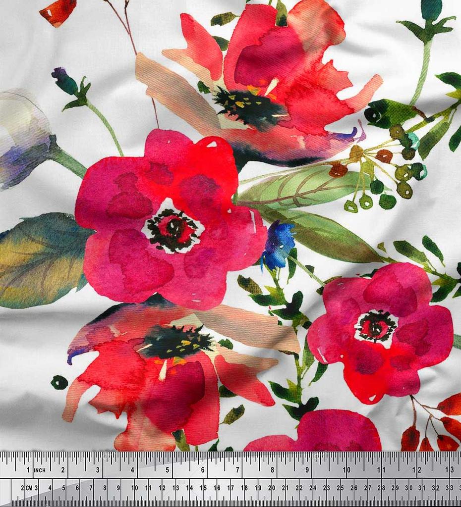 Soimoi Japan Crepe Satin Fabric Leaves & Poppy Flower Print Sewing Fabric Metre 42 Inch