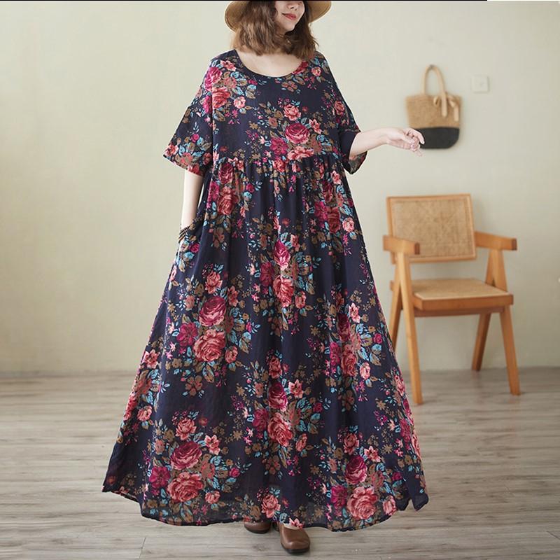 Krátký rukáv Plus size Bavlněné vintage květinové nové šaty pro ženy ležérní volné dlouhé letní šaty