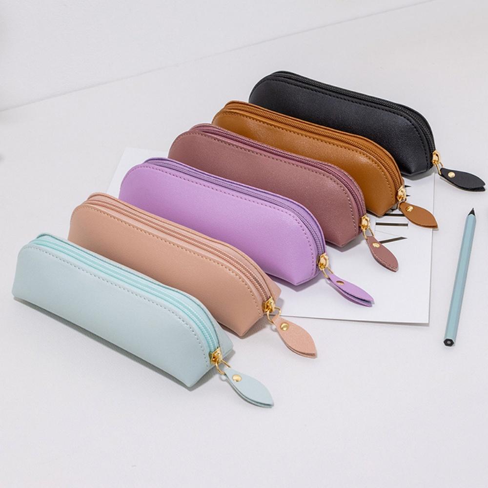 Mini Pencil Case Bag Fashion Makeup Bag Eyebrow Brush Storage Bag Premium Faux Leather Zipper Pencil Bags Simple Stationery Box