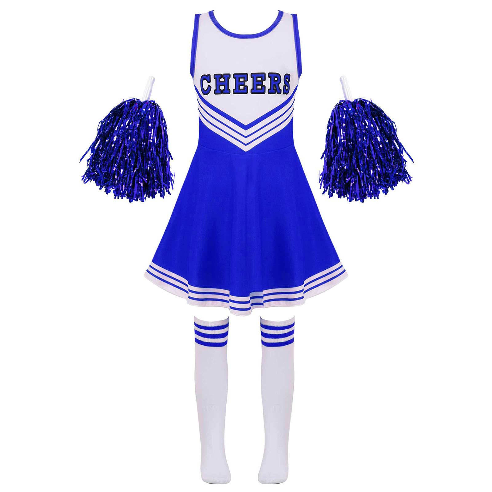 

Kids Performance Outfit Sleeveless Round Neck Cheer Dress Patchwork Style Letter Design with Cheer Flower Socks 3-4 Years синій
