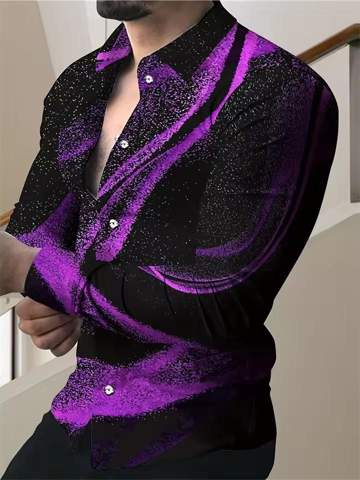 Men's Shirt Fashion Vintage Street Texture Print Shirt Men's Long Sleeve Lapel Shirt