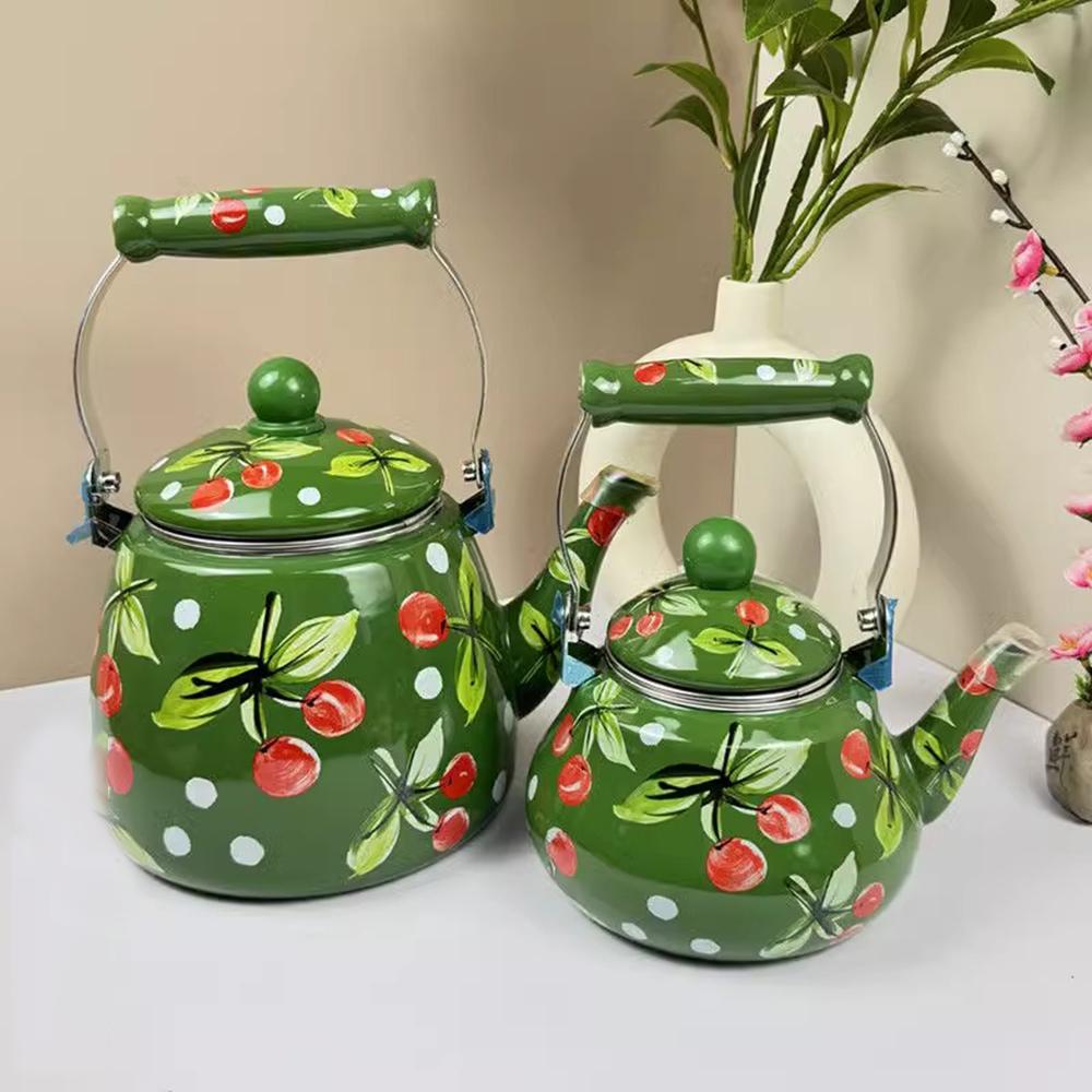 Ethnic style painted enamel pot with strainer, Household coffee pot, Gas induction cooker boiling water kettle, Milk tea pot