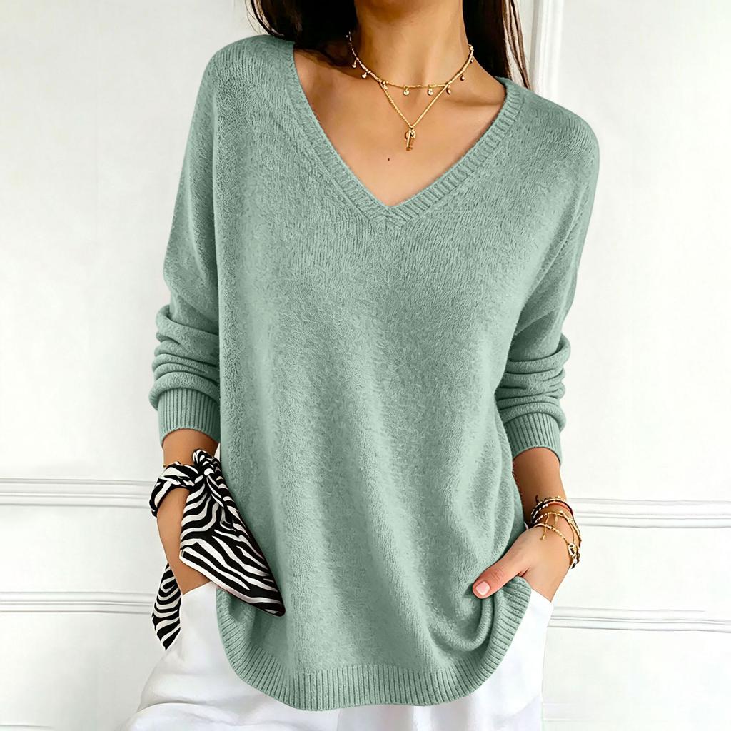 Women's Color V-Neck Long Sleeve Knit Sweater Casual Basic Lightweight Top for Daily Wear