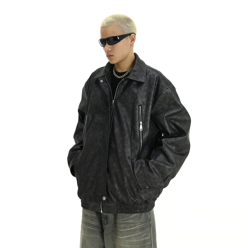 

American vintage High-Grade Lapel Leather Coat Outerwear Men s Fashion Brand Autumn and Winter High Street Ruan Shuai Couple Hip-hop Casual Jacket Black M