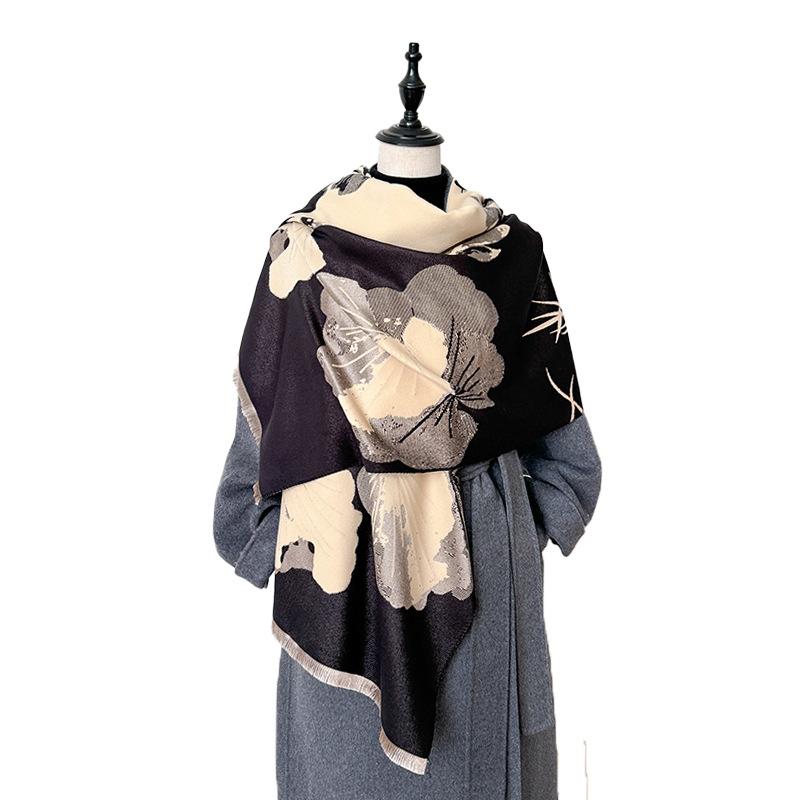 Guochao ink and wash wind contrasting colors double-sided imitation cashmere scarf winter high-end warm shawl