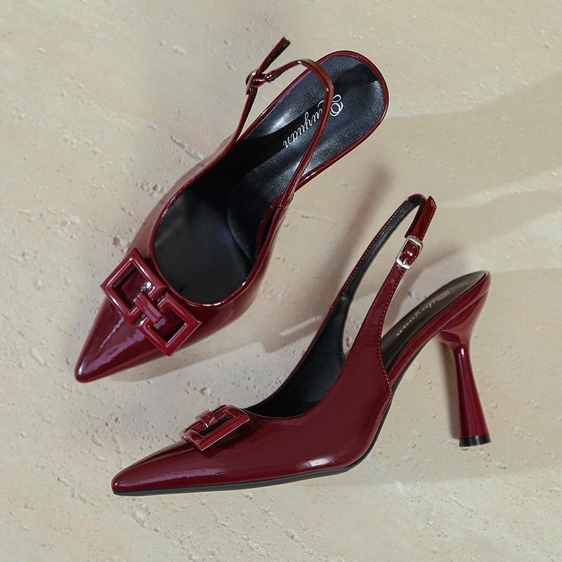 2025 new temperament socialite back empty bag head sandals stiletto large size 4142 one word with red pointed high heels