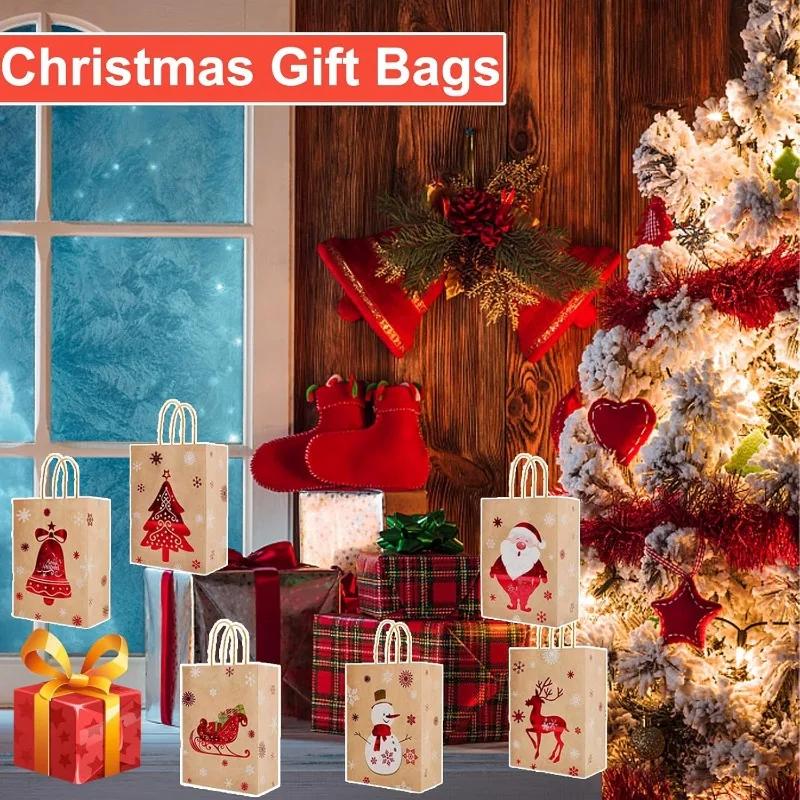 201Pcs Christmas Gift Packaging Bag Biscuit Candy Storage Bag Snowflake Santa Claus Kraft Paper Bag Xmas New Year Gift Handbag