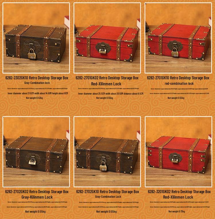 Retro Wooden Rectangular Storage Box Set with Lock - Creative Organizer & Decorative Props
