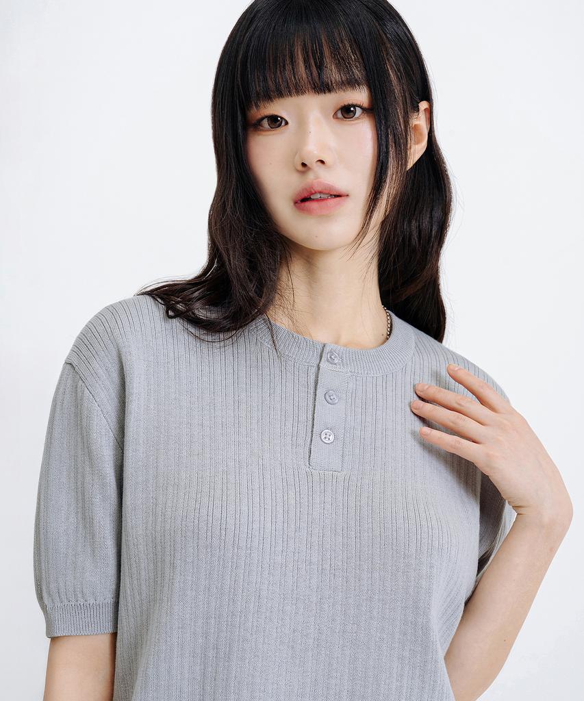 LEMAIN SECOND Classic Henley Neck Washable Short Sleeve Knit [Gray]