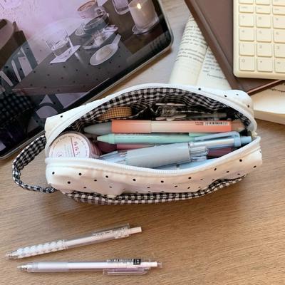 Grande Capacité Trousse à Crayons en Tissu à Carreaux Porte-Crayons à Pois Étoiles Sac de Rangement pour Stylos Organisateur de Bureau Sac à Maquillage
