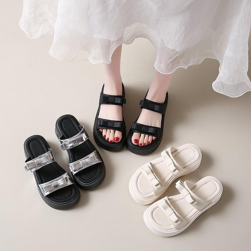 Fashion Platform Slippers Women Summer New Outside Wear Fashion Round Toe Open Toe Bow One Strap Non-slip Cool Mopping