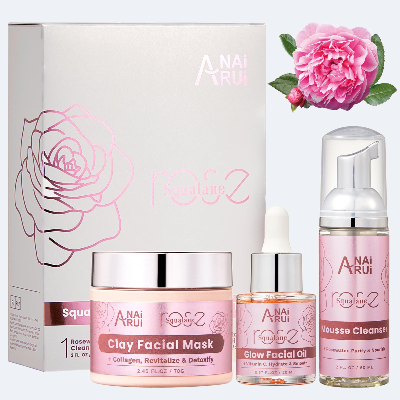 ANAiRUi Rose & Squalane Skincare Gift Set, 3-in-1 Hydrating Purifying Facial Care Kit