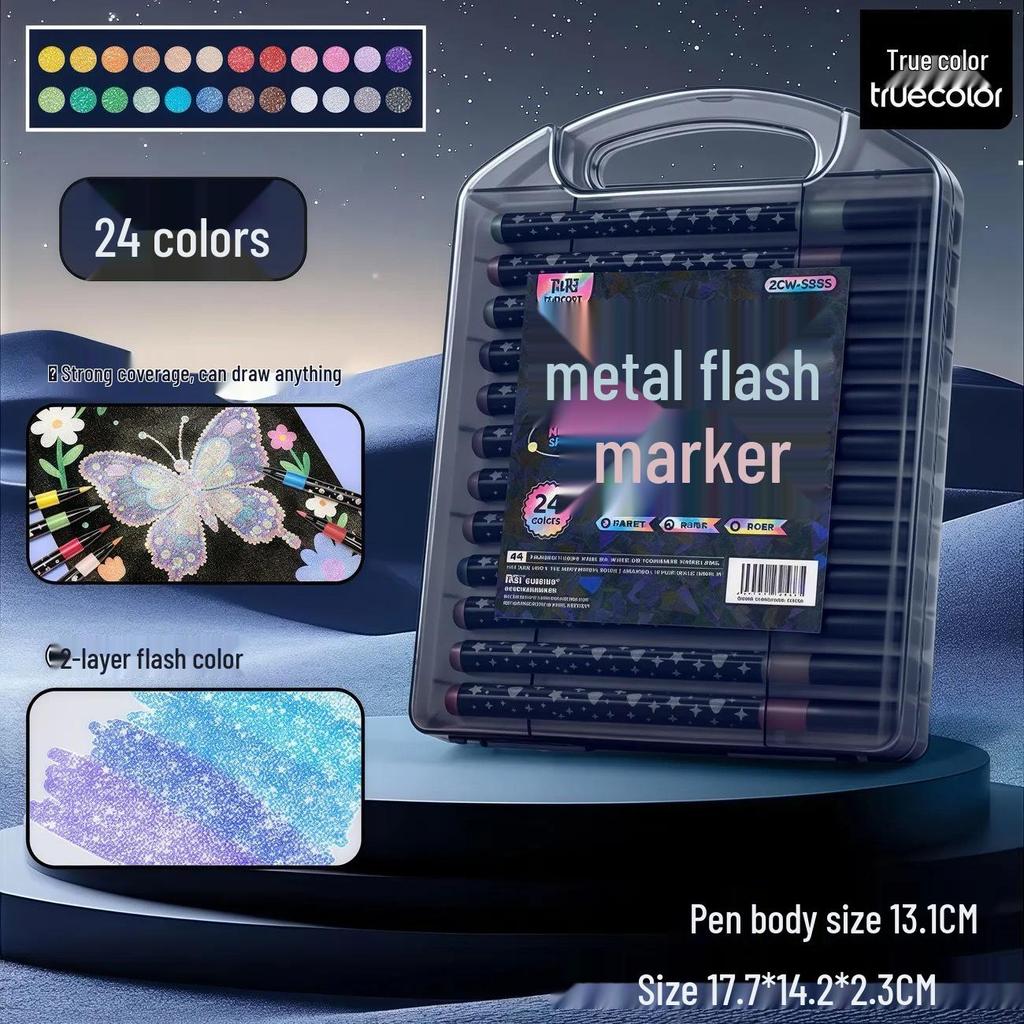 True Color Double-Ended Glitter Marker Pen, Soft Tip, Non-Bleeding, Acrylic for Art Class & Hand-Painted Newspaper.
