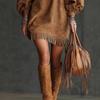 Spot  New Amazon Independent Station Round Neck Tassel Loose Lantern Sleeve Long Sleeve Solid Color Dress Short Skirt