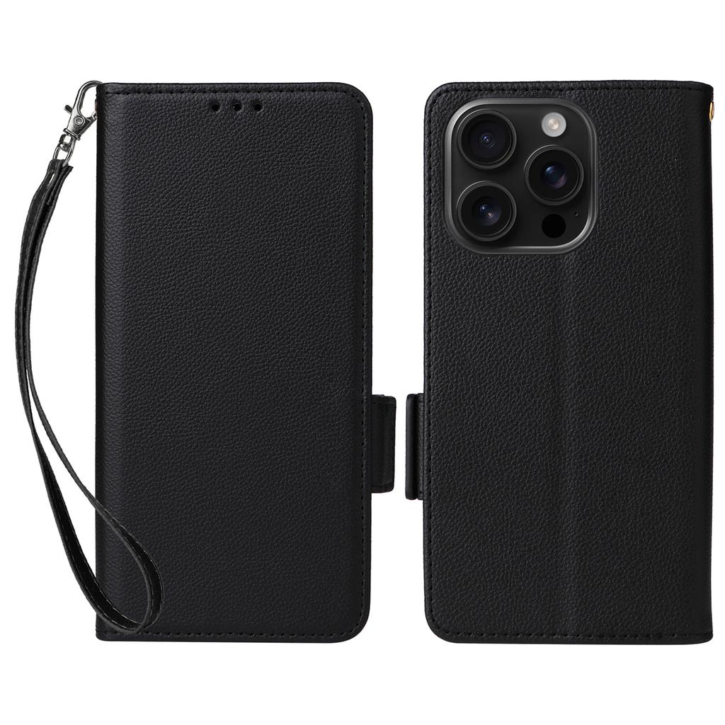 For iPhone 16 Pro Case with Wrist Strap Litchi Texture PU Leather Wallet Phone Cover