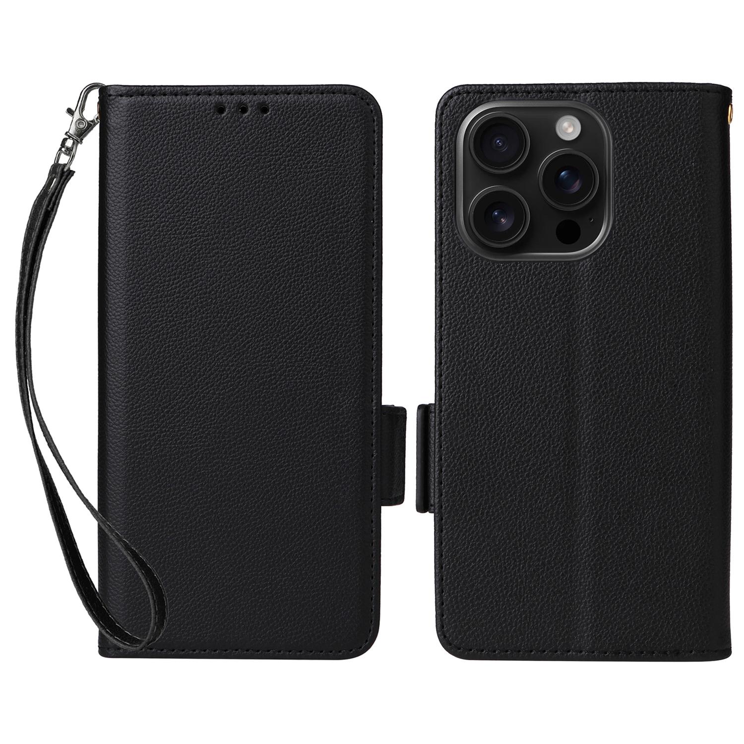 

Чехол для iPhone 16 Pro Max с ремешком на запястье, текстура личи, кошелек из ПУ-кожи, чехол для телефона B