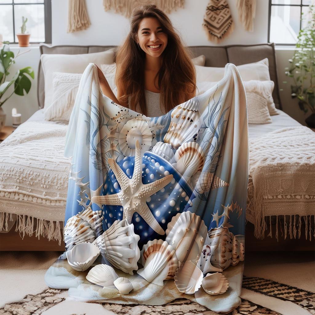 1Pc Coral Starfish Printed Flannel Blanket In Multiple Sizes, Soft And Comfortable, Suitable For Napping, Machine Washable