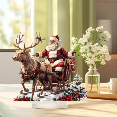 2025 Xmas Navidad Party Supplies Santa Claus Reindeer Sled Tabletop Decoration With Base 2D Acrylic Christmas Ornaments