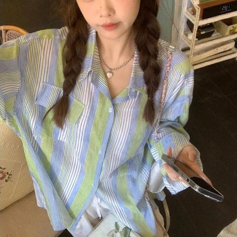 Colorful Striped Women's Shirt Turn Down Collar Chest Pocket Color Blocked Long Sleeved Blouse Korean Style Spring New Version Loose Casual Lady Top