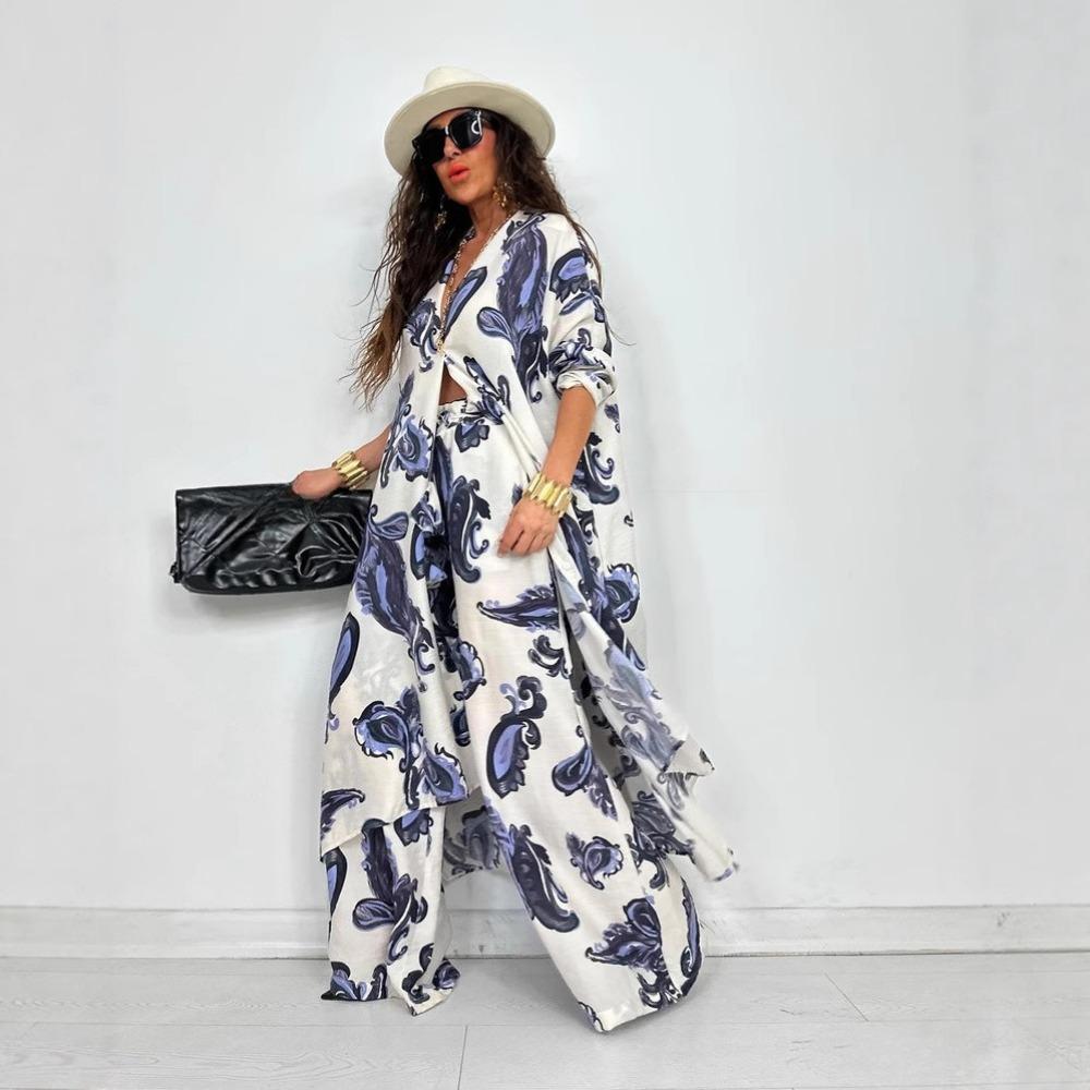 Autumn New Women's Lapel Printed Mid-length Top and Wide-leg Pants Two-piece Set