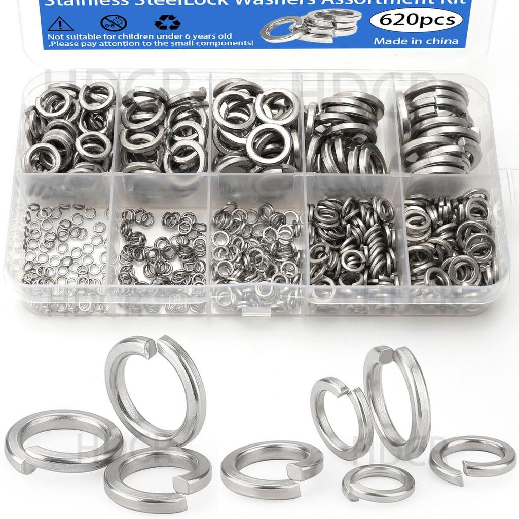 620-Piece Stainless Steel Split Lock Washer Set, Anti-Loosening M2-M12 Spring Washers