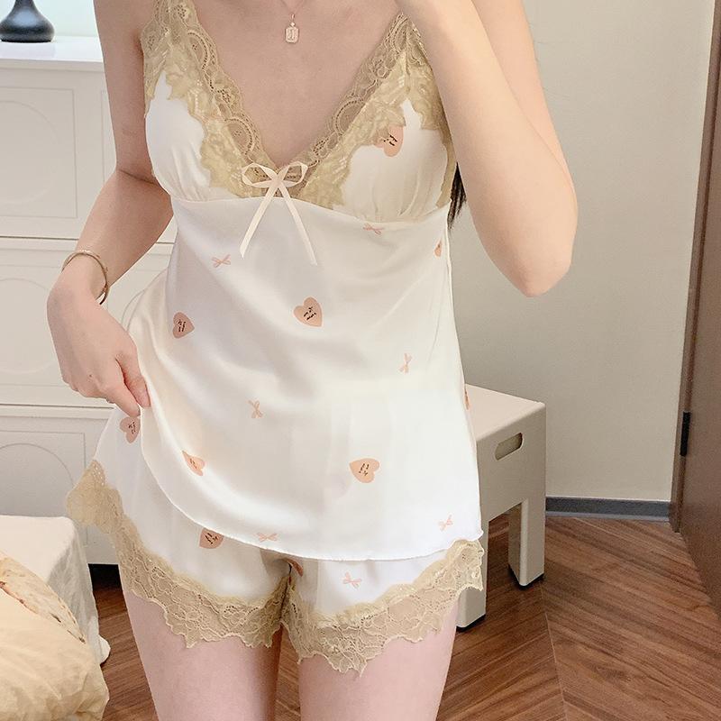 New ice silk pajamas set Internet celebrity print lace casual thin summer suspender shorts spring and autumn