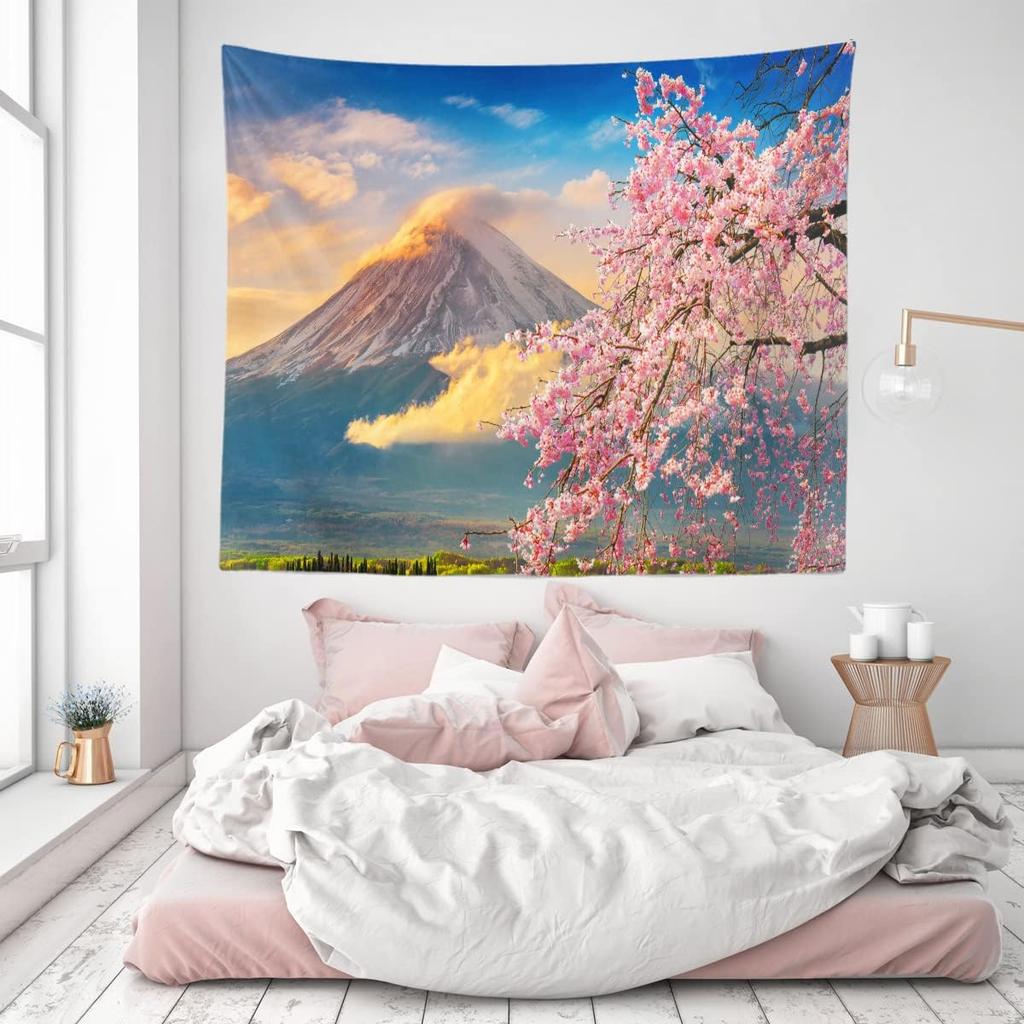 Japanische Rosa Sakura Wandteppich Kirschblüten Berg Fuji Japan Wandbehang Tapisserie für Schlafzimmer Wohnzimmer Studentenwohnheim Man Cave