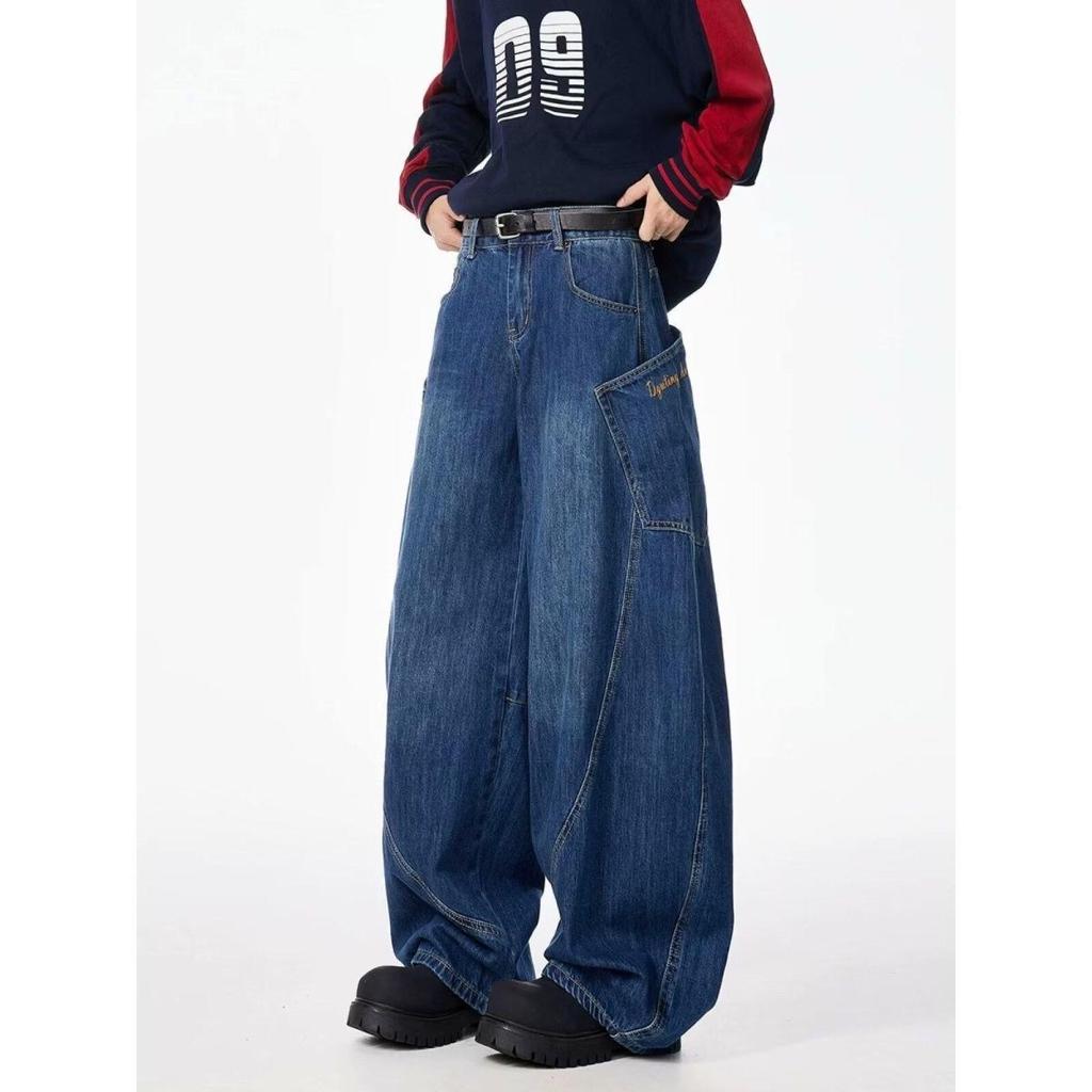 American Retro Street Style Wide Legged Dropped Crotch Distressed Curved Blade Design Jeans Loose Fit Trousers Casual Fashionable Pants