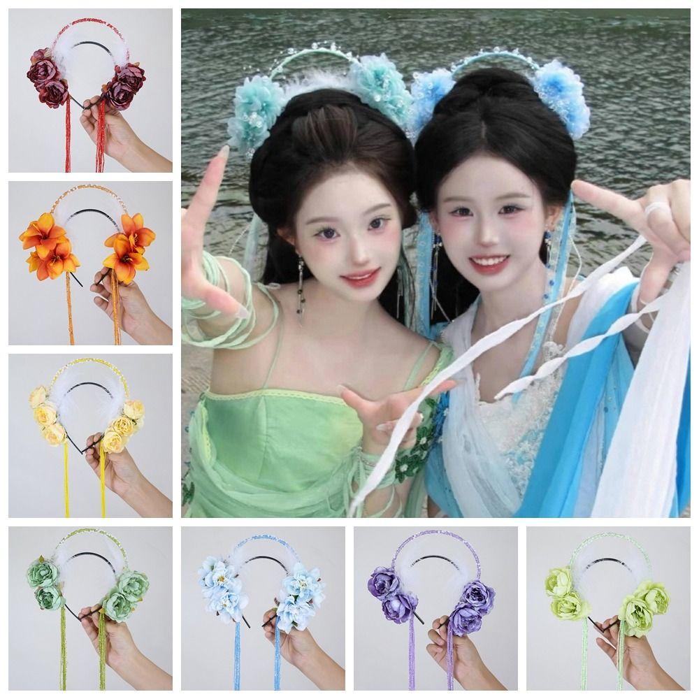 Perlenquasten-Haarreif Feder Hanfu Haaraccessoires Liebliches Blumen-Stirnband Mädchen