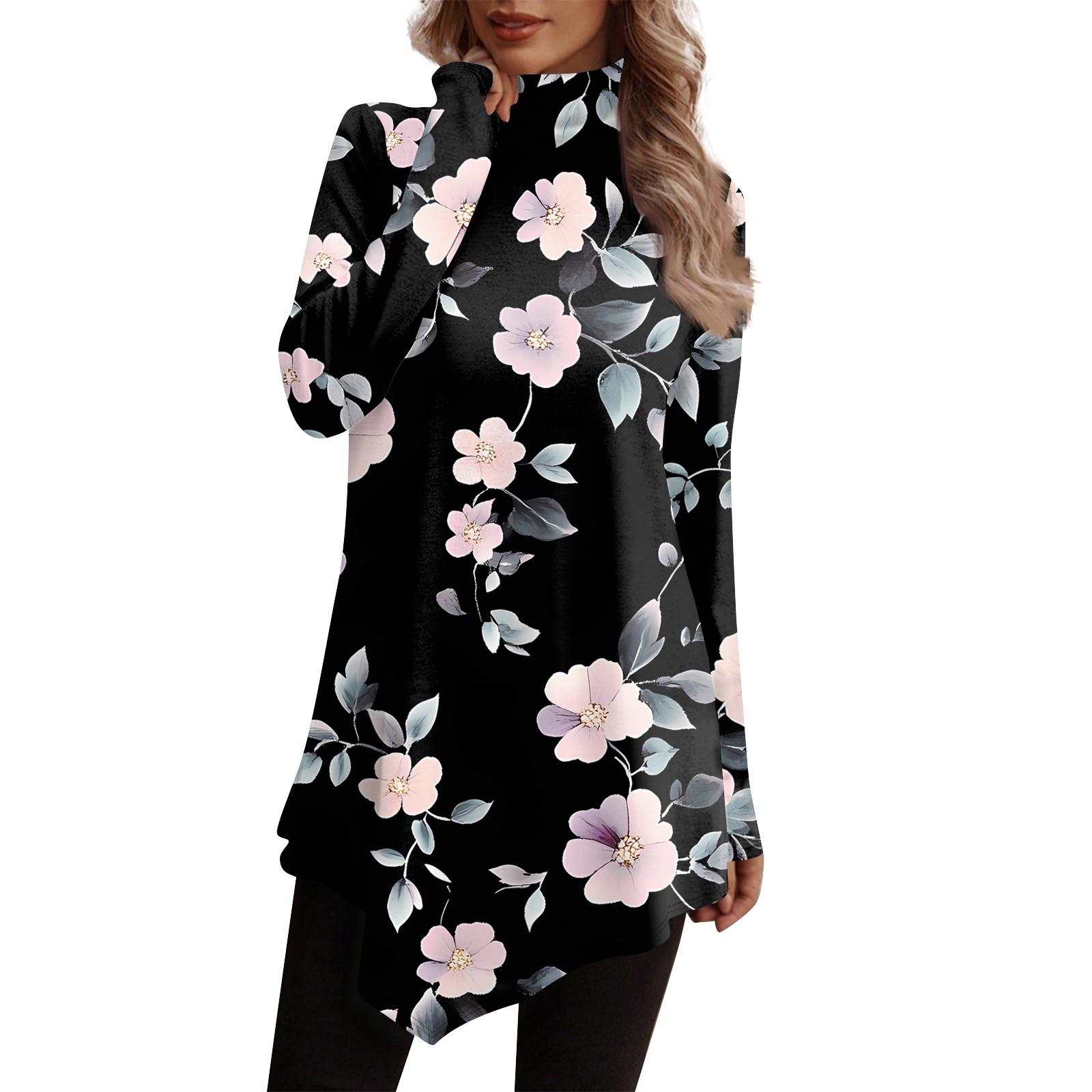 

Повседневная модная рубашка с принтом, топы с высоким воротом и нерегулярным подолом, пуловеры с длинными рукавами L чёрный