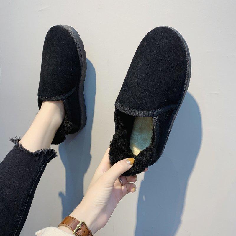 Fleece Autumn and Winter Casual Solid Color Average Size Low-top Flat Heel Round Head Suede Artificial Wool Black Women's Shoes
