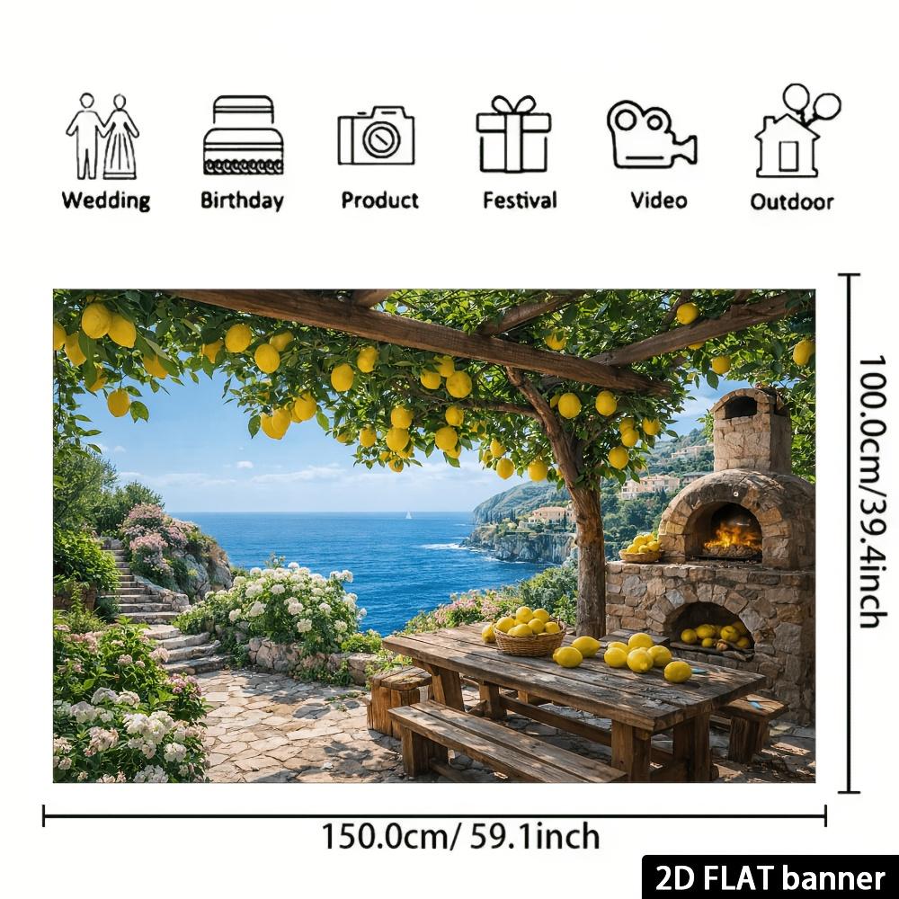2D flat lemon tree pavilion baking kiln sea view banner background cloth lemon trees hanging with fresh fruits